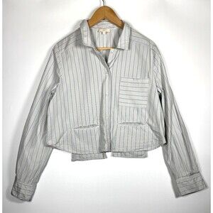 Parker Top Womens Large Gray Striped Cropped Button Front Modern Casual Chic